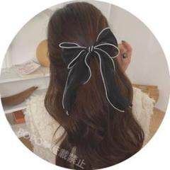 ブラック オーガンジー リボン バレッタ パール 黒 量産型 韓国 ヘアクリップ