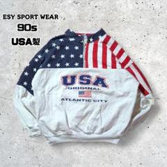 90sUSA製ESYハーフジップスウェットトレーナー星条旗柄アメリカ国旗短丈L