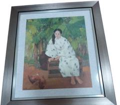 沖縄　女性の肖像画 　複製画　フレーム付き　着物　芭蕉　鶏