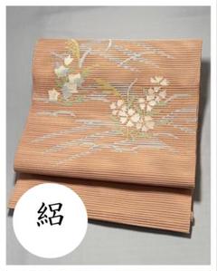 2025年新作 絽] 夏帯 小紋 洒落帯 お太鼓柄 桔梗 撫子 薄橙色 肌色 名古屋帯 着物・浴衣