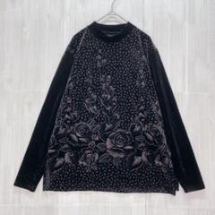 バンドカラー花柄ビジューチュニック　ベロア　黒　M - L