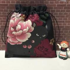 牡丹と黒猫さん♪ハンドメイド＊巾着ポーチ♪巾着袋