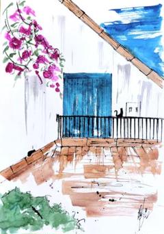 原画#3676 黒猫　花　雨　窓　オーストリア　水彩画　ドローイング　アート　絵 原画#1877 黒猫夜路地裏マルタ共和国水彩画ドローイングインテリア