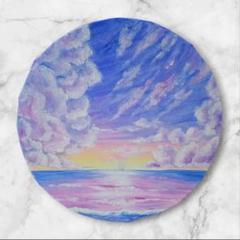 【海の風景】油絵 油彩画 直径20cm