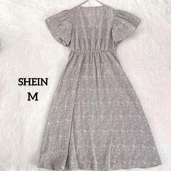 シーン　グレー 花柄 半袖 シャツワンピース ロング　フレアスリーブ　細見え