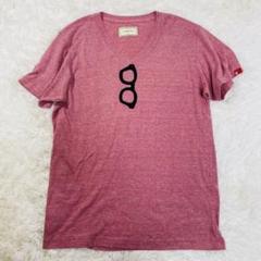 ハイベック 半袖 Vネック Tシャツ 霜降りレッド メガネデザイン