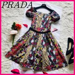 【美品】PRADA 膝丈ワンピース フレア 花柄 半袖 36 S 総柄
