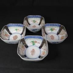 向付 小鉢 4客 色絵 角鉢 壽 瓢箪 花柵 唐草 古伊万里 窯傷 向付 小鉢 4客 色絵 角鉢 壽 瓢箪 花柵 唐草 古伊万里 窯傷