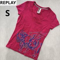 REPLAY Tシャツ S ピチT ピンク ブルドッグ 犬 ラインストーン 派手