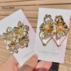 【ハンドメイド】クリアハートのゴールドフラワーピアス イヤリング
