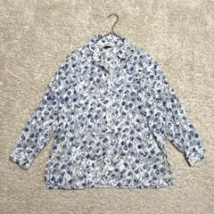 花柄シアーシャツ　ホワイト×ブルー　ビジューボタン　長袖　綿　日本製