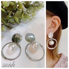 342＊メタルシルバー パールフープ ピアス