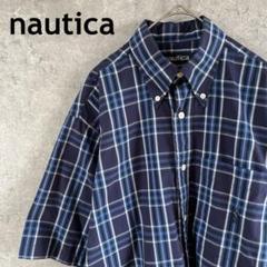 90s Nautica チェック 半袖シャツ　青系　デカめメンズSサイズ