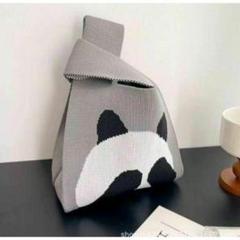 手提げ 小さめ 新品 ミニトートバッグ パンダ サブ グレー ニットバッグ