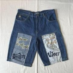 〜00s　RAW BLUE　バギーデニム　パッチワークハーフパンツ　ロゴ刺繍B系