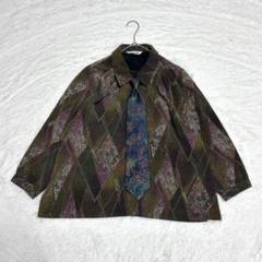 ダーク系 ネクタイシャツ ポリシャツ 総柄 金ボタン 花柄 和風 レトロ カーキ