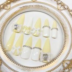 【現品】ネイルチップ 黄色 メンカラネイル 推し活 リボン ホワイト