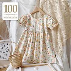 100cm〔小花柄半袖ワンピース〕パフ袖レトロ上品キッズ子供プティマイン春夏ベベ