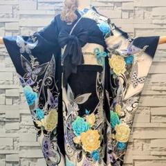 振袖　茶色系　薔薇　牡丹　蝶　銀通し　銀彩　刺繍　正絹　No.215 振袖 茶色系 薔薇 牡丹 蝶 銀通し 銀彩 刺繍 正絹 No.215