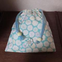 ハンドメイド　エメラルドグリーンの花柄巾着袋