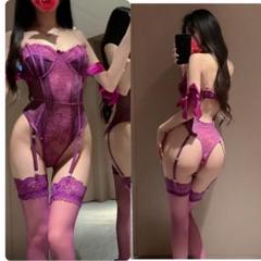 ☆新品【セクシー ボディスーツ】レース　紫ガーターベルト　リボン　べビードール