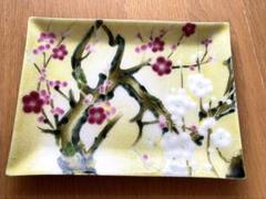 七宝焼 梅の花 絵皿 プレート 台座付き　飾り皿　長方形　長皿