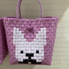 犬♡ワンコ♡かごバッグ♡新品♡ハンドメイド♡ピンク♡ppバンド♡アジア雑貨
