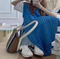サマーニットベスト　ロング　メッシュ　韓国　夏　重ね着　ワンピ　ブルー　青