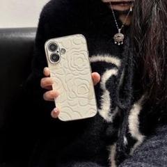 iPhone16Plus 高級 韓国 花 カメリア 【新入荷】 スマホケース 白