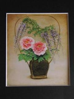 戸嶋但、【籠　ふじ　牡丹】、希少な額装用画集画、新品高級額 額装付 戸嶋但、【籠 ふじ 牡丹】、希少な額装用画集画、新品高級額