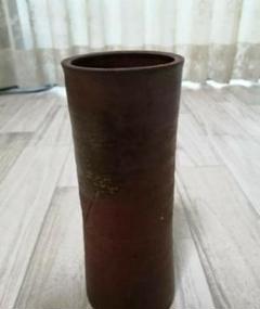 茶色の円筒形陶器花瓶 約20cm