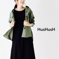 【防シワ/洗濯機OK】HusHusH ミリタリーシャツジャケット（L）カーキー