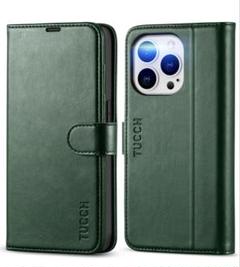 TUCCH iPhone14pro 手帳型ケース ミッドナイトグリーン スマホ
