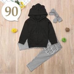 90cm〔耳付きパーカー×リボン×フリルパンツ3点セット〕ベビー服 セットアップ