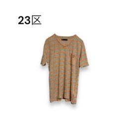 【23区】半袖　Tシャツ ボーダー　麻 素材　カジュアル　ベージュ　46