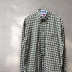 90s TOMMY HILFIGERボタンダウンチェック長袖シャツ 緑 L