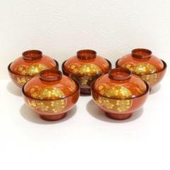 ⭐️ 会津塗 合成漆器 椿蒔絵 蓋付きお吸物椀揃 5客 美品