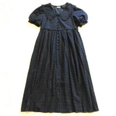 KUOSE★総カットワーク ロングワンピース 半袖 コットン ネイビー L