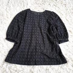 PLST カットワークレースブラウス シアー コットン 黒 M