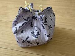 紫色 花柄 ストライプ 巾着袋　ポンポネット　浴衣用