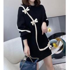 【韓国風】ワンピース　XL　レディース　ブラック　ミニ丈　リボン　長袖
