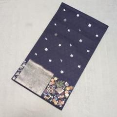 ✨美品✨紺色の正絹袋帯 花と紅葉と扇の刺繍