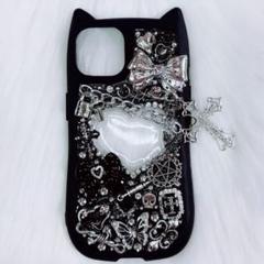 iPhone13.14ケース デコ電 デコケース 黒 猫耳 地雷系 パンク ゴス