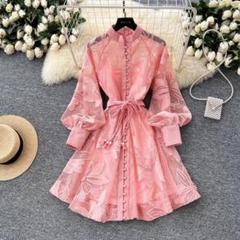 ワンピース　半袖　レディース　ドレス　レース　ロング　パーティー　花柄