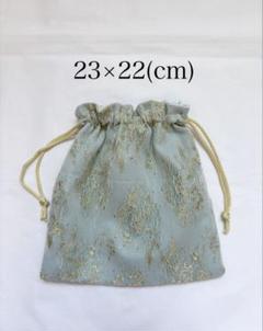 未使用 巾着袋 ブルー 23x22 ゴールド 綿 チュール レース ヨーロッパ