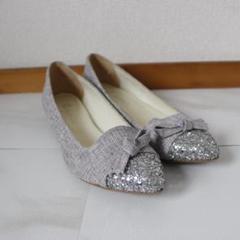 【極美品】DIANA グリッター フラットシューズ 24.5cm リボン グレー