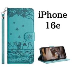 iPhone16e ケース 手帳型 猫柄 花柄 レザー ターコイズブルー カバー