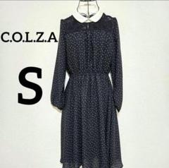 COLZA ドット柄長袖ワンピ S 黒 白襟 昭和レトロ風シアー