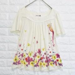 スカラー カットソー 花柄 蝶 鳥 半袖 Ｍ 綿混 スクエアネック P0439