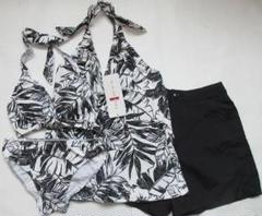 新品 7S 婦人水着 4点セット 白黒 葉柄デザイン